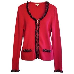 Caché Vintage Red Ribbed Knit Fringe Cardigan Y2K Size L